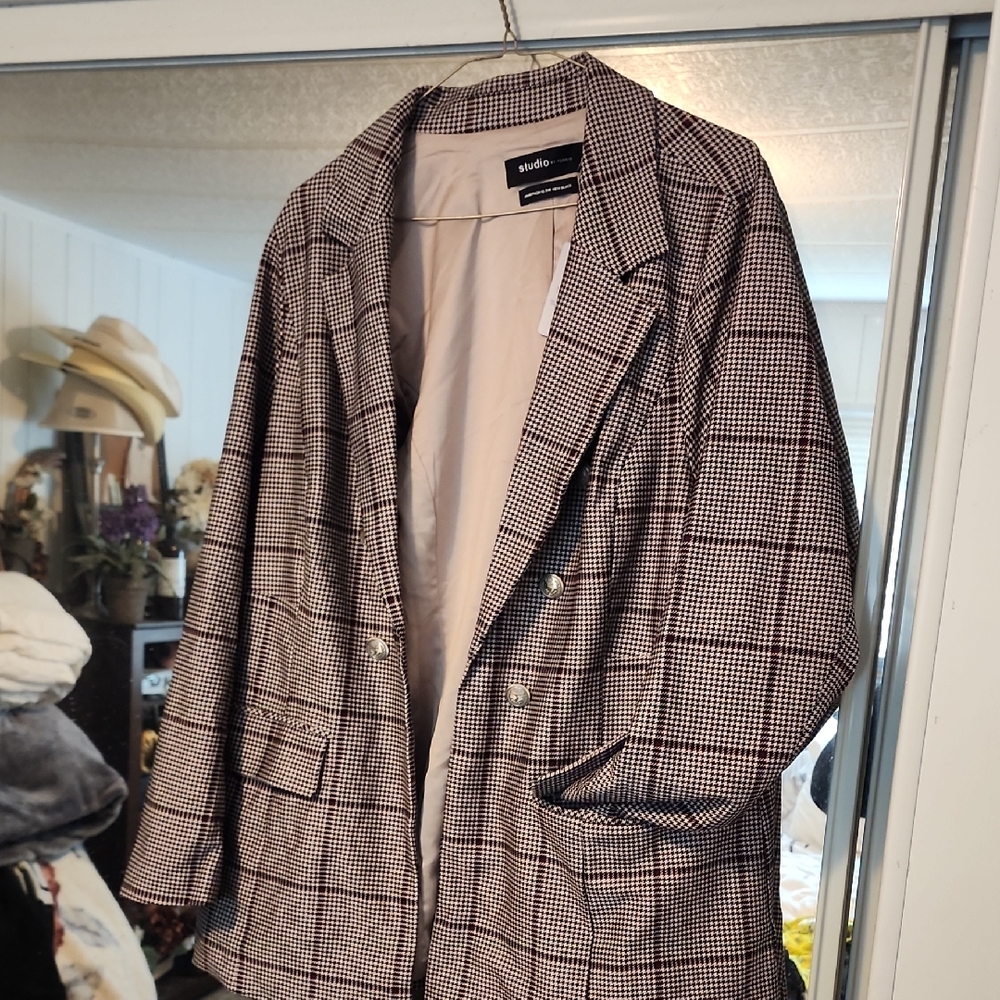 Liggt Ponte Dbl Breadted Blazer Stella Plaid Chateau Grey